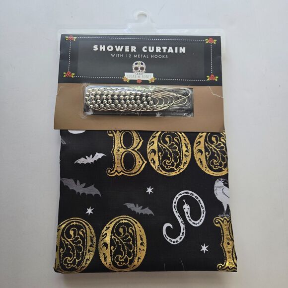Halloween Shower Curtain Boo Metallic Foil Bat Skull Raven Web Snake Gothic Bath - Picture 1 of 4